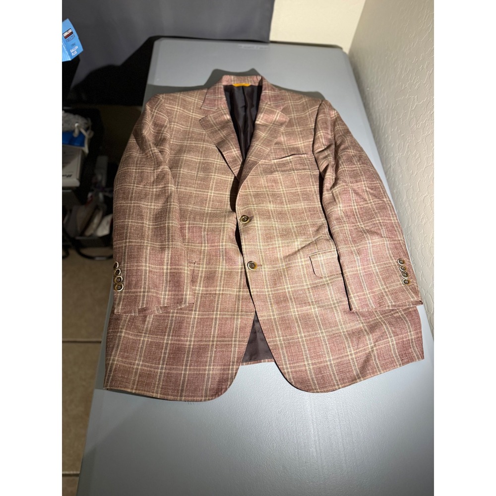 Hickey Freeman Astor Brown Plaid Wool Silk Linen Sport Coat Blazer 44R DA882